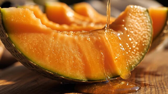 Honey dripping onto a fresh slice of ripe cantaloupe melon