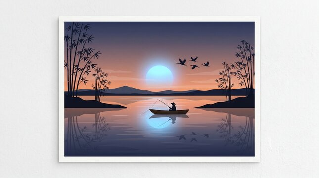 Moonlit Boat Lake Painting