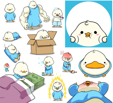 Set of funny white duck character stickers with various hilarious expressions and daily poses vector illustration