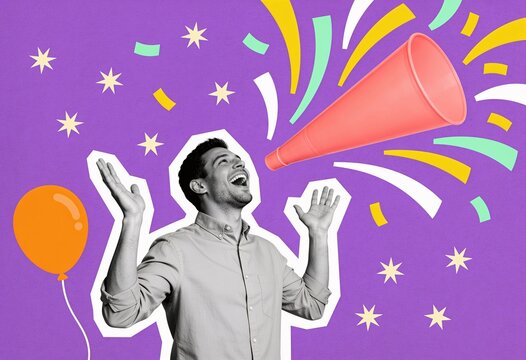 Excited young man with raised hands laughing in a colorful party collage with confetti, balloon, and megaphone on purple background.
