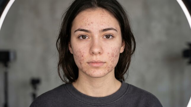 Young woman with acne on face looking at camera. Portrait of girl with skin problem and inflammation. Concept of natural beauty, skincare routine, dermatology treatment and self acceptance.