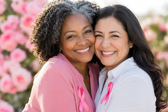 Two Diverse Women Friends Embracing with Pink Breast Cancer Awareness Ribbons Outdoors, Multicultural Friendship Solidarity Support and Women Health Empowerment Portrait with Bokeh Background