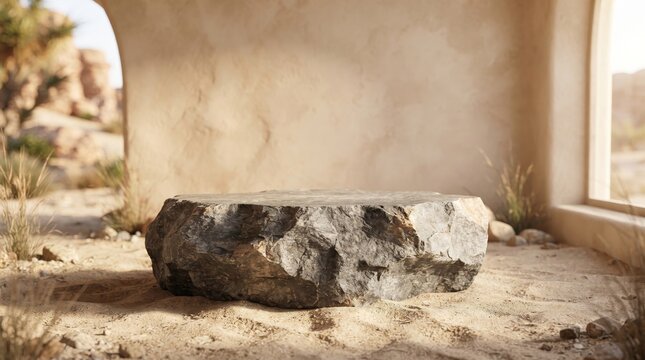 Natural Raw Stone Podium Product Display Platform in Desert Adobe Setting
