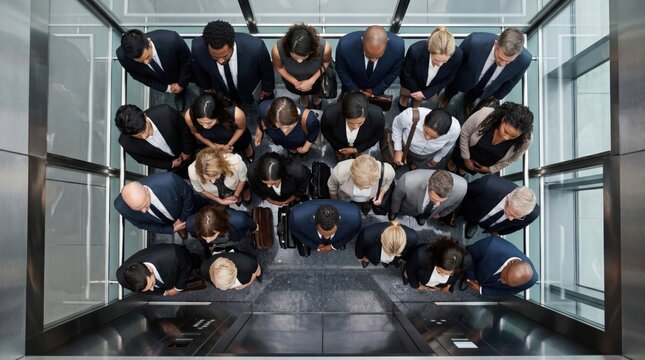 Group of diverse business people standing in elevator. Top view of office workers in formal suit waiting inside modern lift. Corporate teamwork and professional commute concept.