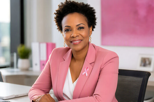 Confident Black Businesswoman Wearing Pink Breast Cancer Awareness Ribbon in Modern Office, Corporate Diversity Empowerment and Women Health Awareness Portrait with Copy Space at Desk