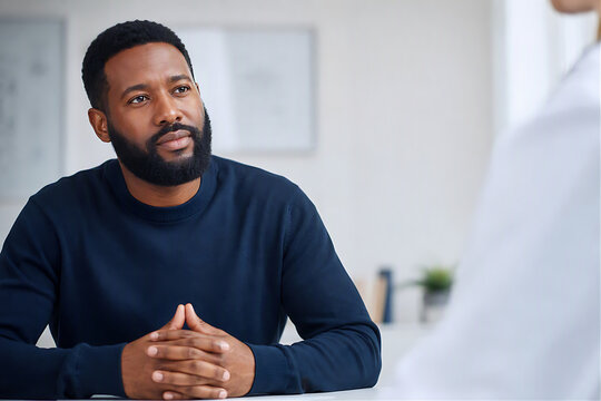 Black Man with Beard Sitting in Bright Medical Office with Hands Clasped Listening Attentively to Doctor for Preventive Health Care and Men Wellness Checkup with Copy Space