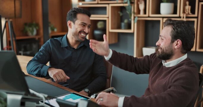 Team, high five and men with computer in business, investment banking and handshake for achievement. Colleagues, shaking hands and celebration for financial development, happy and people with tech