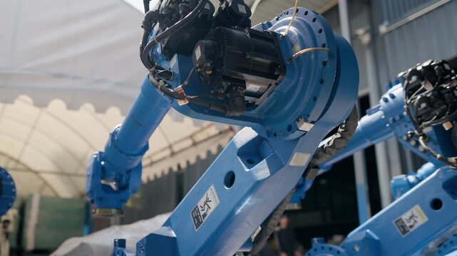 Blue industrial robot arms stand prepared outside manufacturing facility for customer delivery, supporting factory automation, precision engineering, productivity, efficiency, modern smart industry.