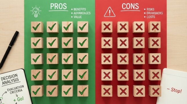 Wooden blocks showing pros and cons with checkmarks and crosses