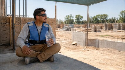 Fototapeta premium Hispanic Construction Worker Resting in Shade with Water Bottle on Concrete Slab at Job Site