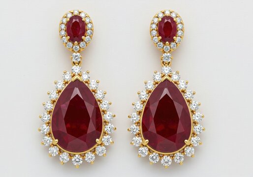Exquisite pear shaped ruby and diamond drop earrings in yellow gold