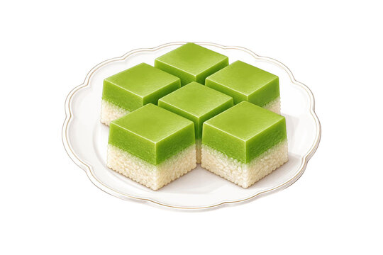 Traditional Malaysian Kuih Seri Muka Served on Ceramic Plate Watercolor Illustration