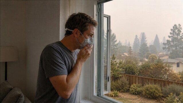 Worried Man Wearing N95 Respirator Mask Looking Out Window at Hazy Smog Filled Neighborhood