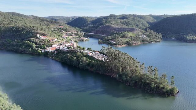 Drone Flight Above Dornes and the Templar Tower, Portugal