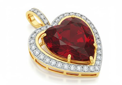 Exquisite heart shaped ruby pendant surrounded by diamonds in yellow gold