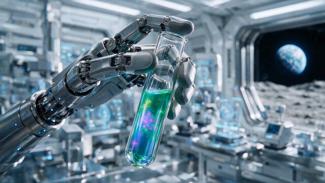 Robotic manipulator holds test tube filled with fluorescent liquid in futuristic laboratory. Advanced robotics, biotechnology and orbital research, bio engineering and space exploration technologies