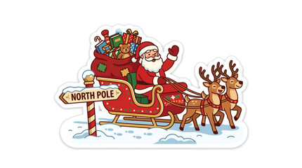 Fototapeta premium Cartoon Illustration of Santa Claus in Sleigh with Reindeer
