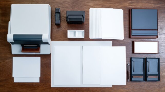 Aerial view of neatly arranged stationery items including a printer, papers, and office supplies