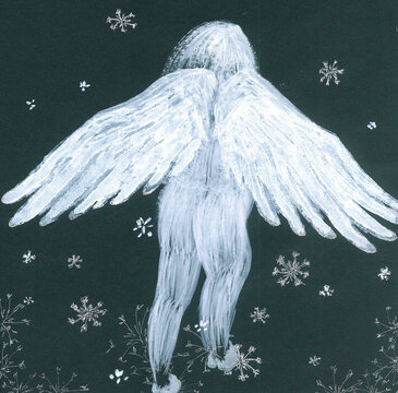 White human with large wings among fluffy snowflakes on the black background