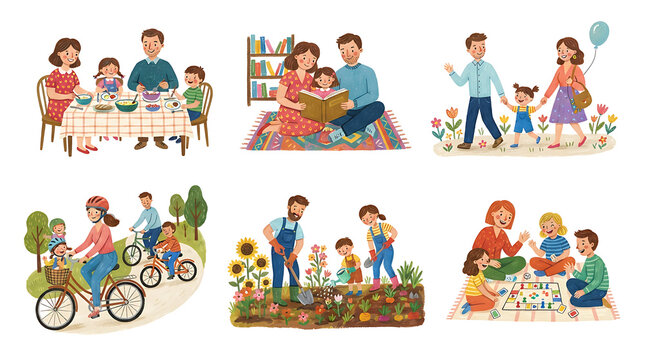 Diverse group of people enjoying outdoor activities in a park setting with colorful illustrations