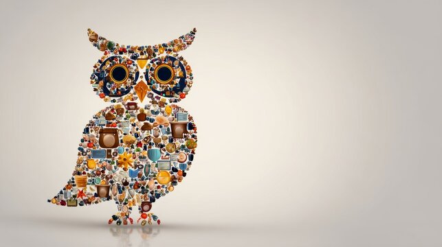 Artistic representation of an owl created with various icons and symbols in a captivating night themed design