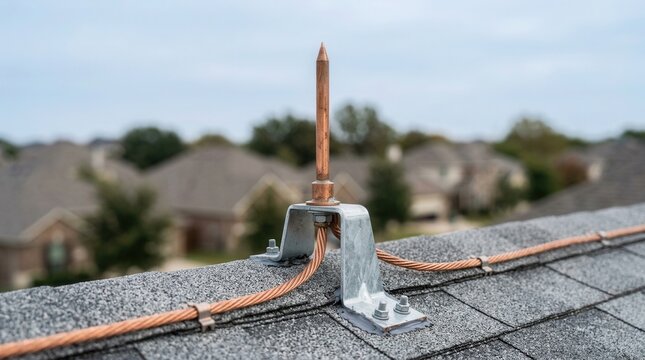 Grounding wire and copper lightning rod metal spike for electrical storm protection on a residential roof.