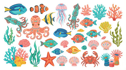 Obraz premium Colorful cartoon sea creatures and ocean life illustration set