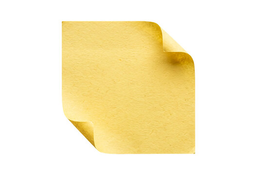 Yellow Sticky Note Paper with Curled Corners Isolated on Transparent Background, Blank Memo Pad Sheet PNG Overlay for Office Reminders and Message Mockup