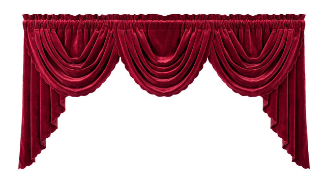 Red Velvet Curtain Valance with Swags and Cascades Isolated on Black Background, Luxurious Theater Drape Decor for Stage and Window Design