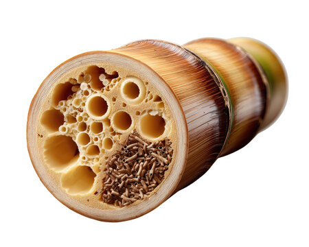 Cross-section of Bamboo Culm: A detailed close-up reveals the intricate internal structure of a bamboo culm, showcasing its hollow chambers and fibrous pith, highlighting its natural design.