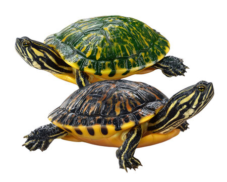 Two Red-Eared Slider Turtles Stacked: A close-up shot features two red-eared slider turtles, one stacked on top of the other. The upper turtle has a vibrant green shell with yellow markings.