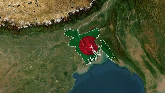 Bangladesh national map animation showing detailed satellite terrain and official flag overlays in motion video footage