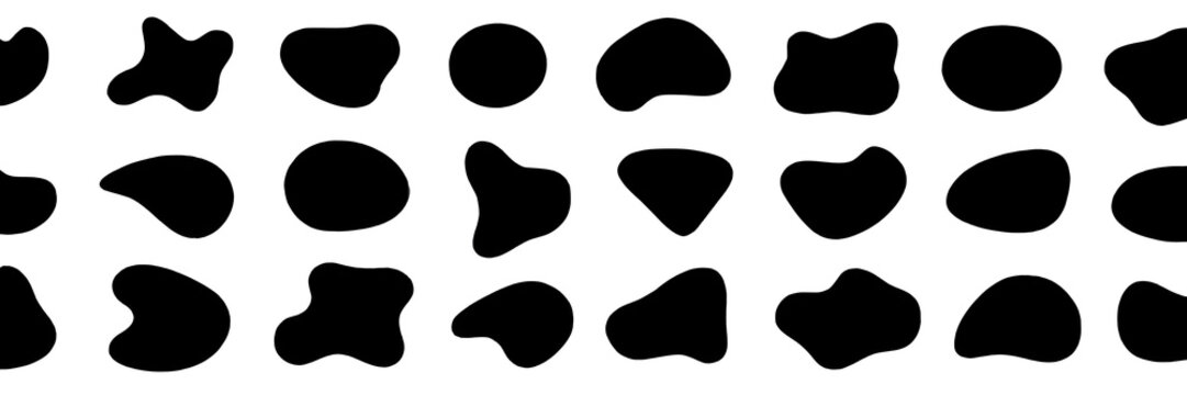 Abstract black amorphous shapes on white background. Organic blobs and ink smudges. Geometric silhouettes for graphic design, minimalism, and modern art composition elements.