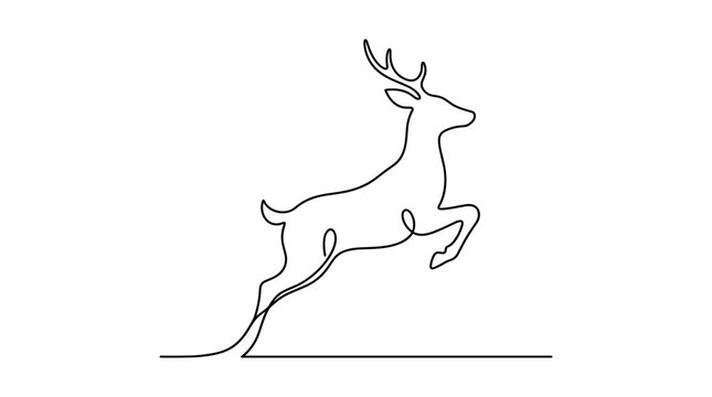 Minimalist continuous line art design featuring elegant jumping deer on plain white ground
