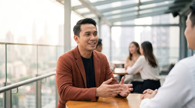 business people having a meeting at a rooftop caf&eacute;, engaged in a lively discussion, showcasing teamwork and collaboration with a focus on partnership and office dynamics