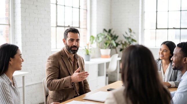 business people having a meeting in a bright office, with a focus on a man speaking and engaging in discussion with partners, surrounded by colleagues