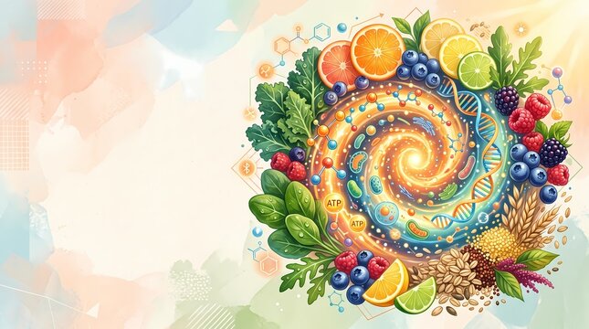 Cellular metabolism concept illustration with fresh fruits, vegetables, molecules, DNA, and ATP energy swirl for nutrition and health.
