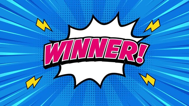 Animated winner text on a colorful comic style background with dynamic pop art effects