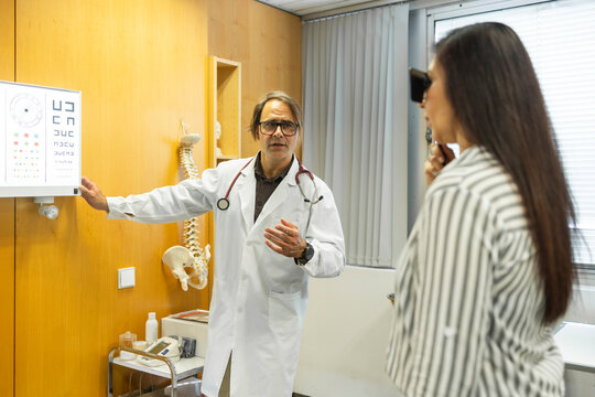 Doctor explain eye chart to patient at medical clinic