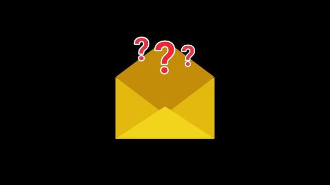 Animated yellow envelope opening to reveal three red question marks on a black background. Multiple inquiries and FAQ concept