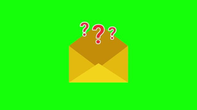 Animated yellow envelope opening to reveal three red question marks on a green screen