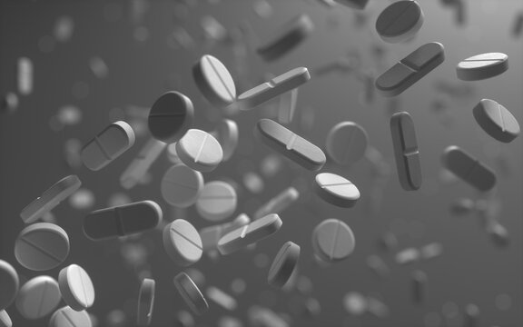 Floating tablets in a surreal pharmaceutical background