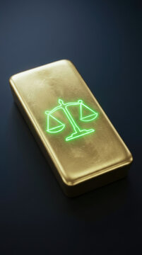 Gold bar with glowing green scale symbol represents quality and audit in financial balance and wealth management on dark background