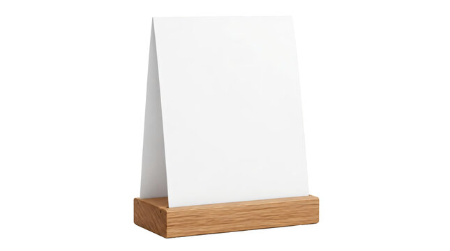 Blank white menu card table tent stand in wood desk sign holder isolated on transparent background