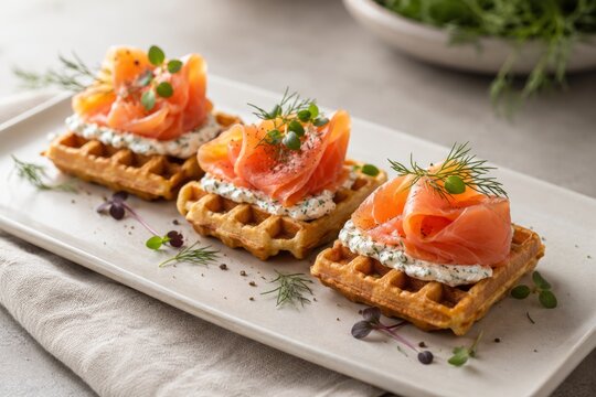 Crispy mini Belgian waffles topped with silky smoked salmon, herbed cream cheese, fresh dill and lemon. Elegant gourmet appetizer for brunch, catering, celebrations and refined Scandinavian-inspired e