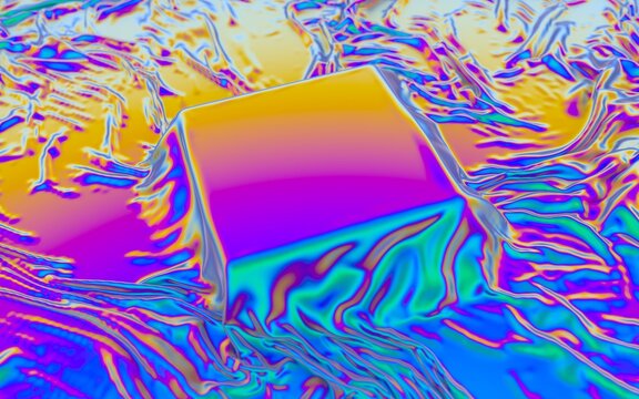 Iridescent fabric draped around geometric stage platform