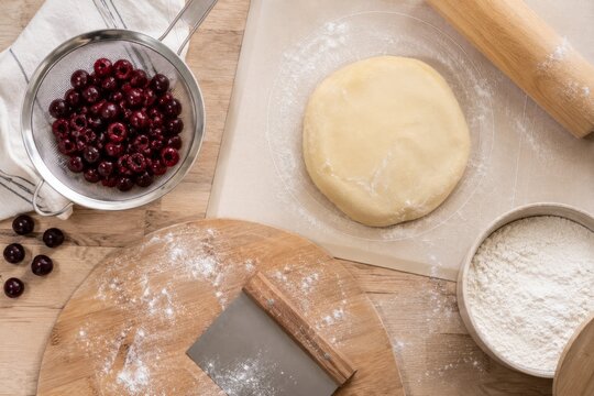 Top view of homemade pie preparation featuring buttery pastry dough, fresh cherries, flour and baking tools on a rustic wooden kitchen countertop. Cozy home baking process with natural light and artis