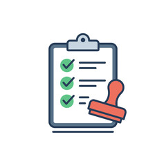 Obraz premium Business Clipboard with Checklist and Rubber Stamp for Approval Concept