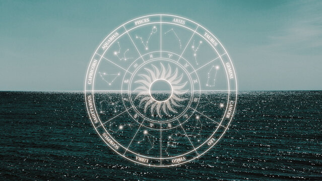 Astrology zodiac signs arranged in a circle over a calm ocean view under a clear sky
