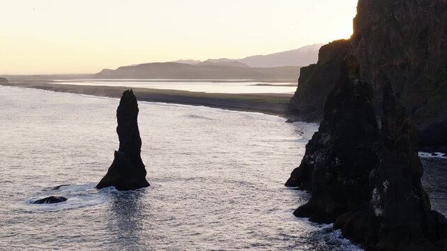Aerial View of Reynisdrangar Sea Stacks at Reynisfjara Beach, Iceland